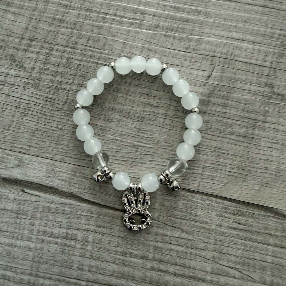 White Bead Elastic Bracelet with Rhinestone Rabbit Bunny Charm and Small Bells
